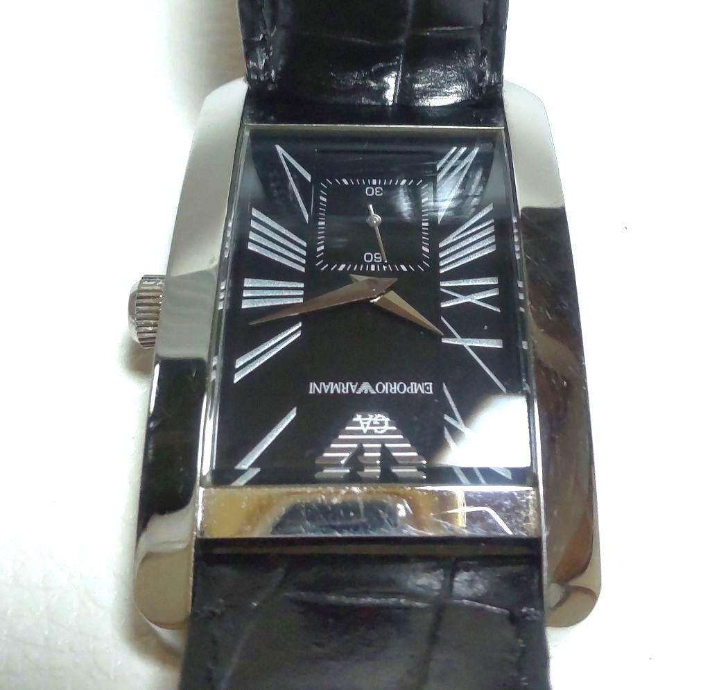 Emporio Armani AR-0143 Mens Quartz Watch Black Dial Silver Rectangle w/Box Used