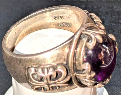 A&G Antique Silver 925 Ring Amethyst Cabochon Purple Stone Ornate VTG US11-11.5