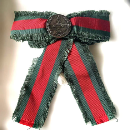 GUCCI Web Ribbon Bow Brooch Pin Green Red Stripe Silver Crystal Pearl Authentic
