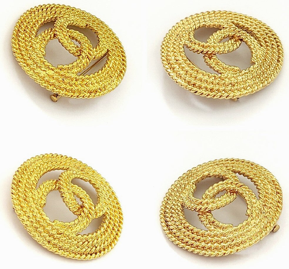 CHANEL CC Logo Circle Brooch Gold-Tone Chain Rope Pin Vintage 1993 48mm Auth