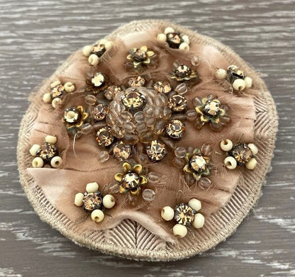 PRADA Beaded Embroidery Brooch Pin Beige Floral Crystal Fabric Italy Vintage