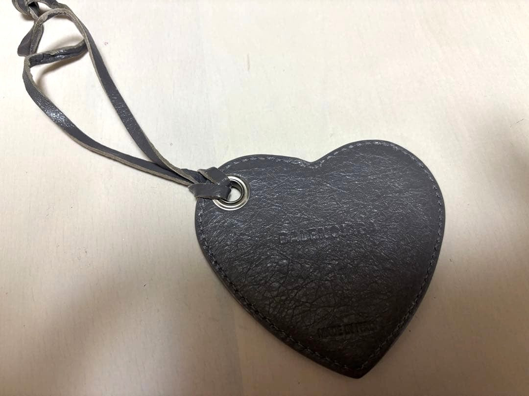 BALENCIAGA Heart Leather Bag Charm Mirror Keychain Gray Pendant Accessory Used