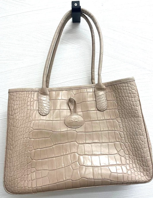 LONGCHAMP Roseau Tote Bag Beige Embossed Leather Shoulder Handbag 13.8x10.2x4.3"