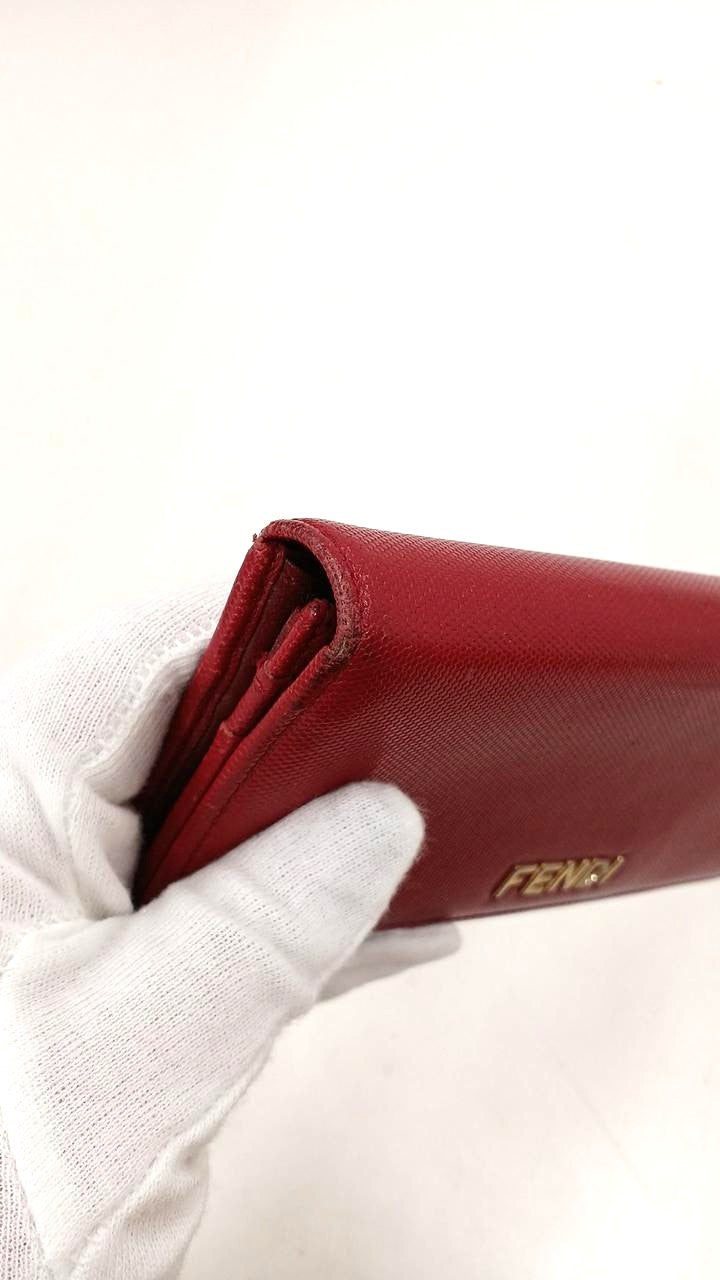 FENDI Long Wallet Bifold Red Leather Logo Gold Hardware 19cm 7.5in Womens