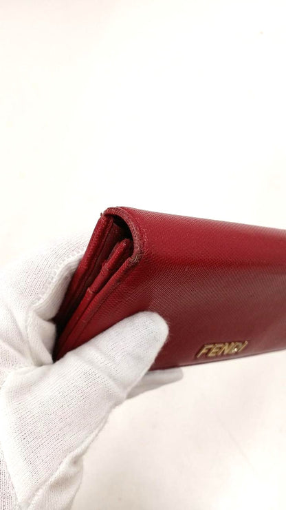 FENDI Long Wallet Bifold Red Leather Logo Gold Hardware 19cm 7.5in Womens