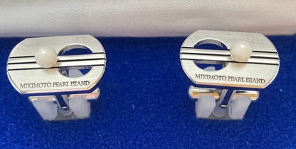 MIKIMOTO Pearl Island Silver Tone Cufflinks with Pearl Vintage Japan Authentic