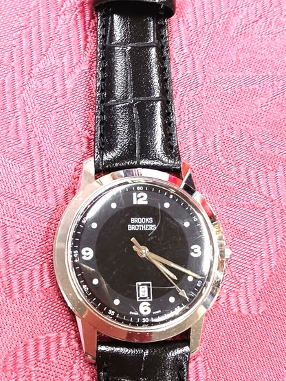 Brooks Brothers Swiss Made Vintage Men Wristwatch Black Dial Date Japan