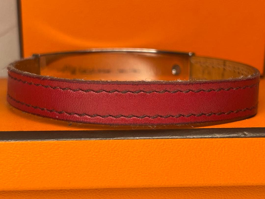 Hermes Pousse Pousse Silver Tone Metal Brique Leather Bracelet Adjustable