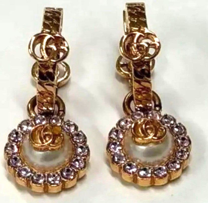 GUCCI Double G Flower Hoop Earrings Pink Gold Pearl Rhinestone 2.3cm Japan