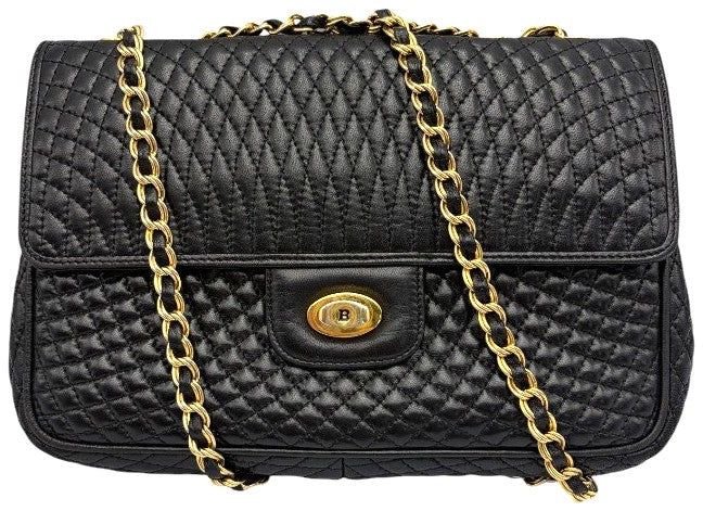BALLY Quilted Leather Chain Shoulder Bag Black Gold HW 25cm(9.8") Italy Vintage
