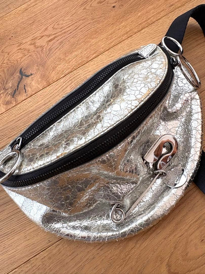 SEE BY CHLOE Belt Bag Fanny Pack Silver Crinkle Leather Safety Pin HW 11x5.9in.