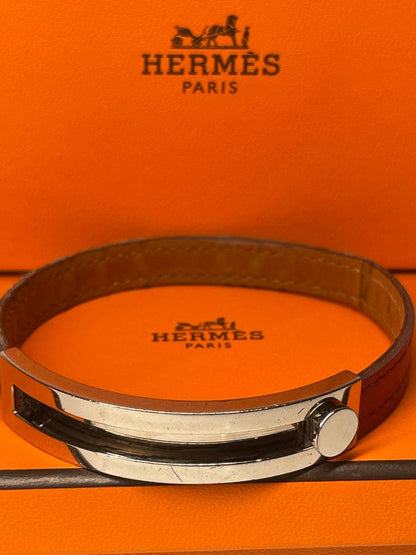 Hermes Pousse Pousse Silver Tone Metal Brique Leather Bracelet Adjustable