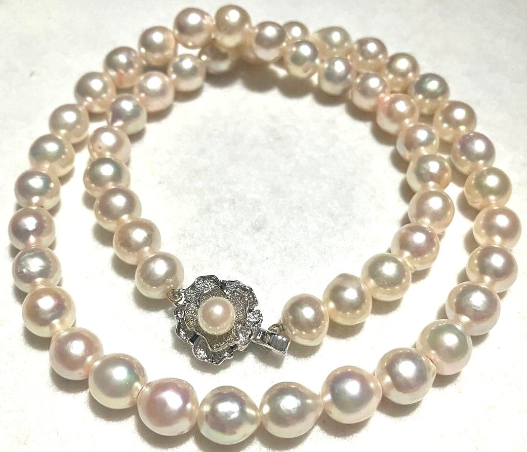 Akoya Pearl Necklace 8.0-8.5mm White High Luster Silver Flower Clasp 17.9in
