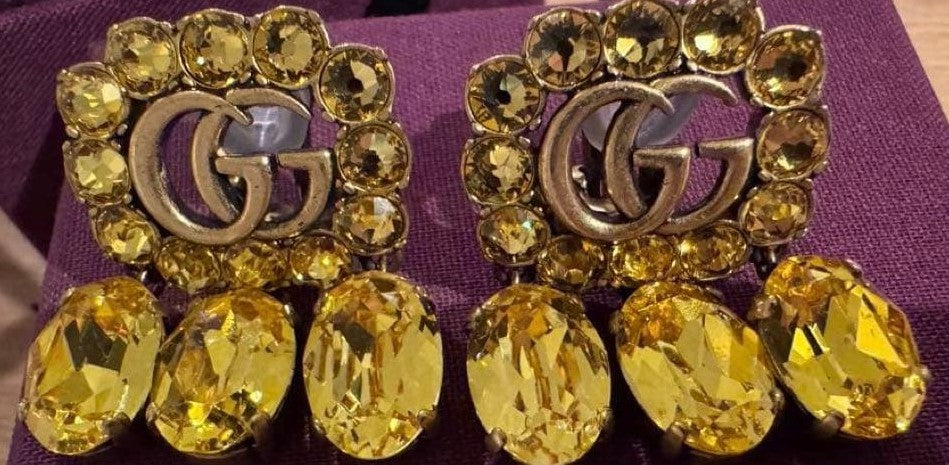GUCCI Double G Crystal Drop Earrings Yellow Brass Vintage Style Authentic MInt