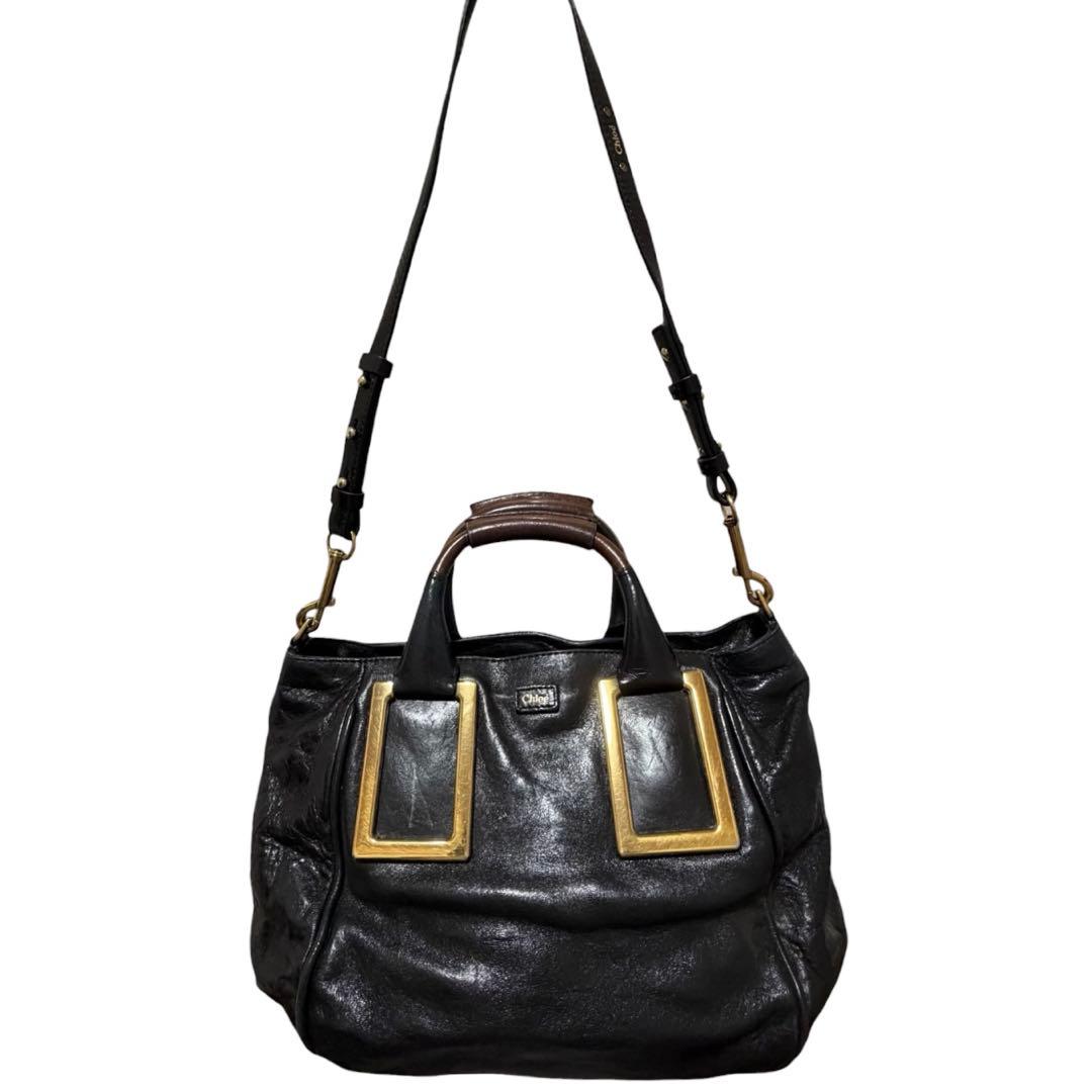 Chloe Ethel 2way Tote Bag Black Leather Gold Square Hardware Shoulder Handbag