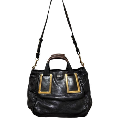 Chloe Ethel 2way Tote Bag Black Leather Gold Square Hardware Shoulder Handbag