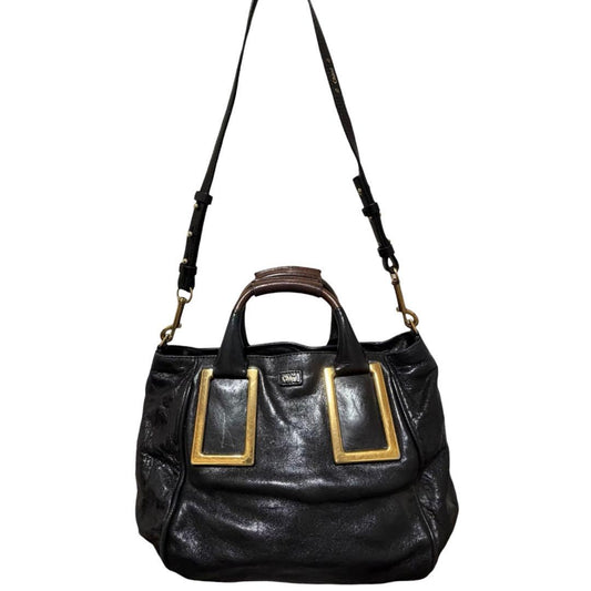 Chloe Ethel 2way Tote Bag Black Leather Gold Square Hardware Shoulder Handbag