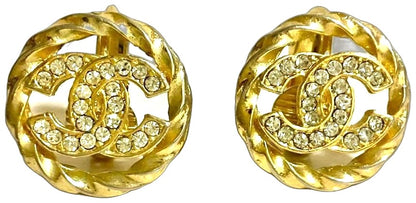 CHANEL CC Logo Rhinestone Twist Rope Clip-On Earrings Gold Vintage France 1.8cm