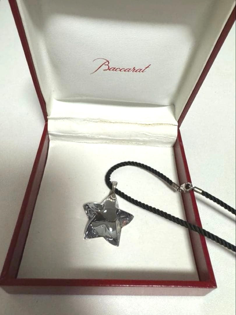 Baccarat Crystal Star Pendant Necklace Silver Tone Black Cord Star Motif Charm