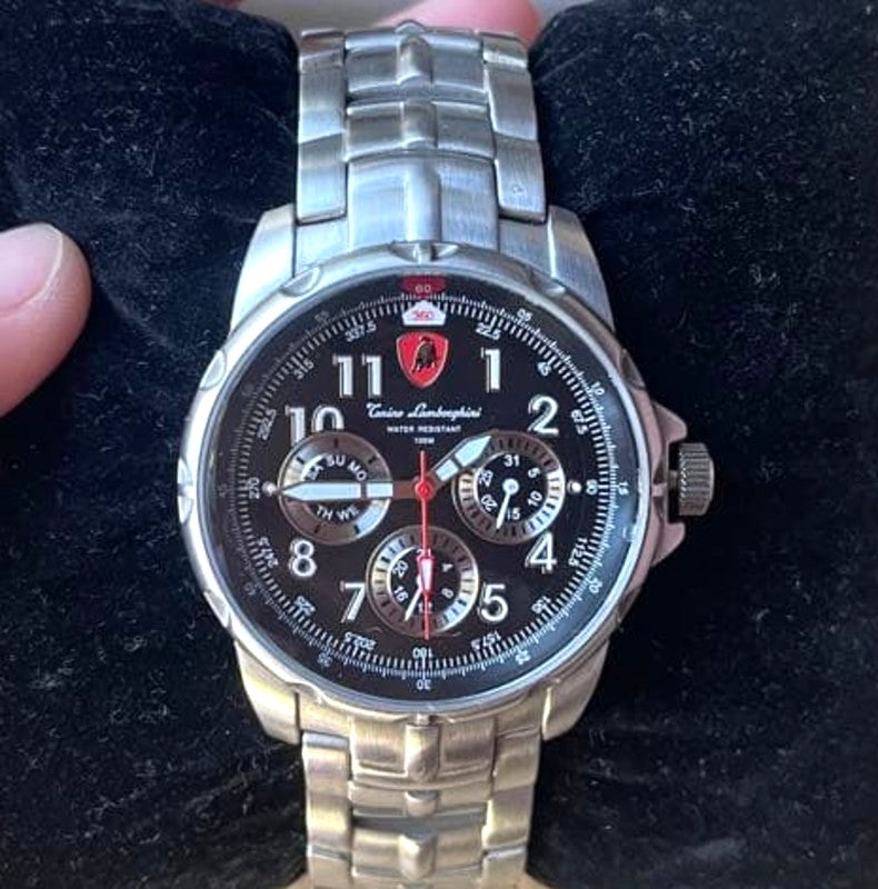 Tonino Lamborghini Chronograph Watch Silver Stainless Steel Black Dial Box 2002