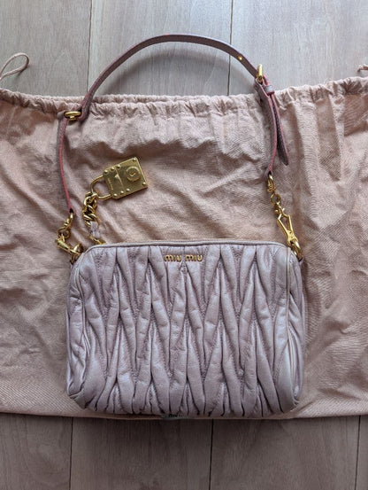 Miu Miu Matelasse Shoulder Bag Pink Beige Leather Gold Chain Padlock Authentic