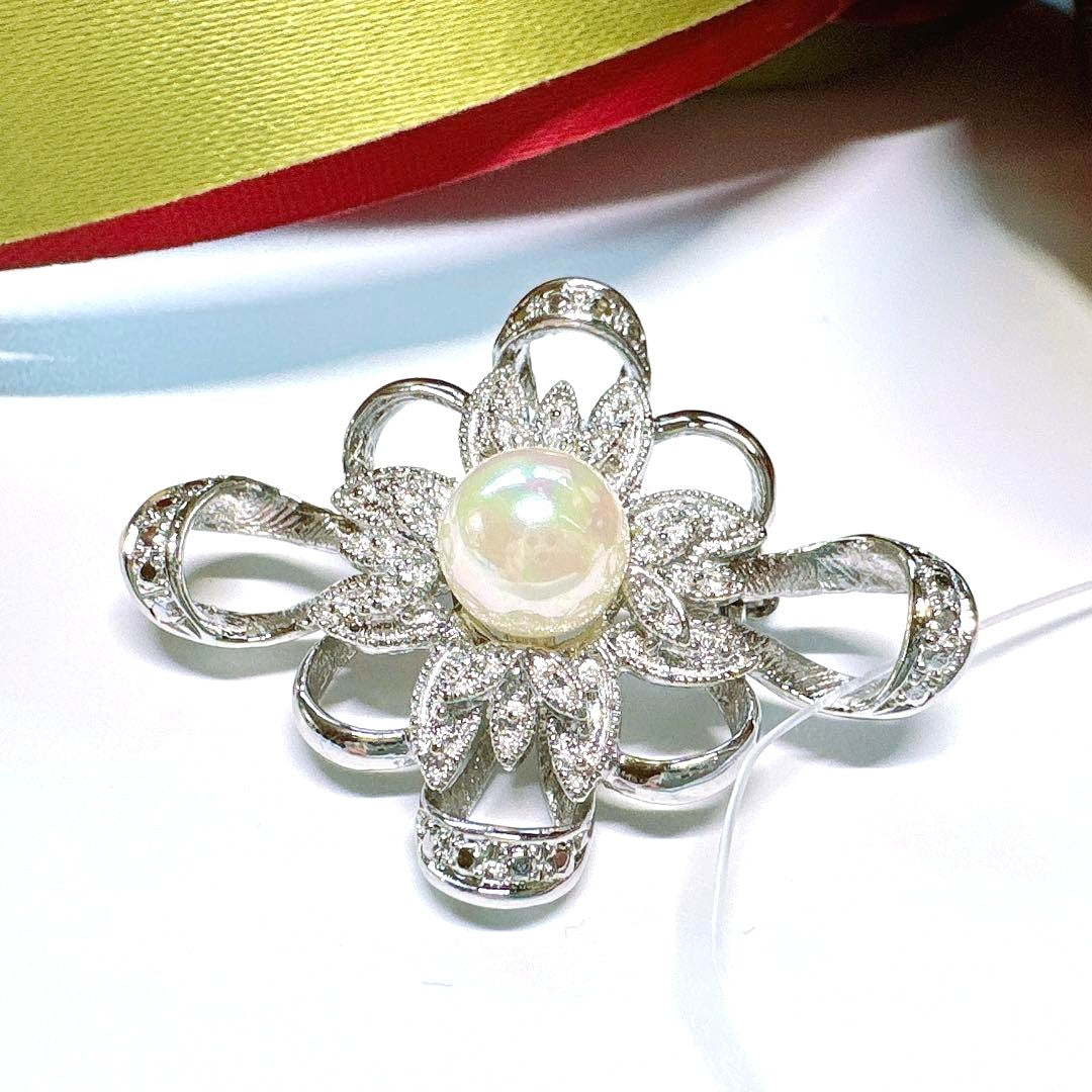 Akoya Pearl Silver Tone Flower Pendant Top Brooch 2-Way CZ Accent Japan Used