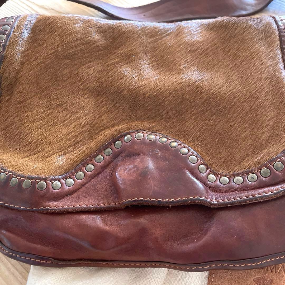 CAMPOMAGGI Leather Shoulder Bag Brown Calf Hair Studded Italy Crossbody Vintage