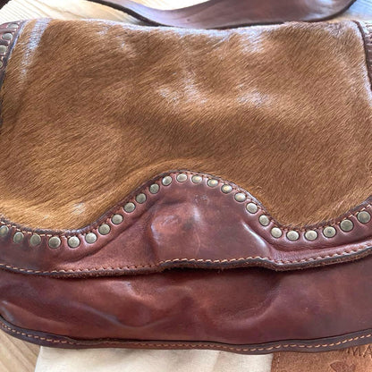 CAMPOMAGGI Leather Shoulder Bag Brown Calf Hair Studded Italy Crossbody Vintage