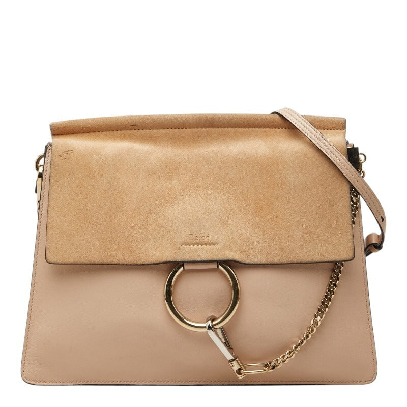 Chloe Faye Large Shoulder Bag Beige Leather Suede Ring Chain Gold Crossbody