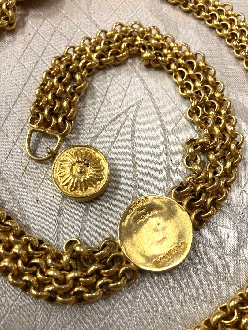 CELINE Vintage Gold Tone Chain Belt Flower Medallion Sunburst Motif 35.0in Auth