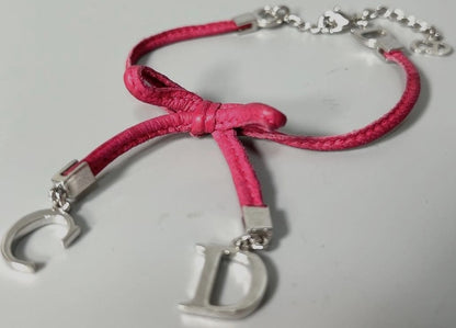 Christian Dior CD Logo Charm Leather Bow Bracelet Pink Silver Tone 6.7-8.7in