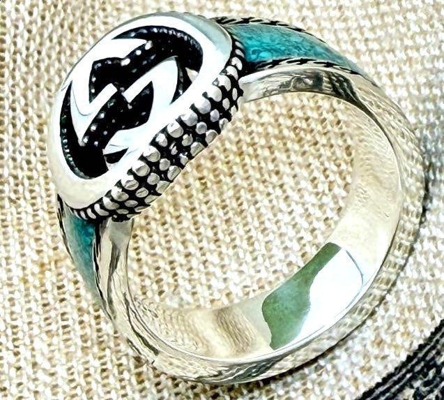 GUCCI Interlocking GG Ring Silver 925 Turquoise Enamel Size US 7 / EU 54 Used