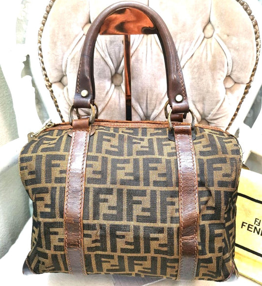 FENDI Zucca FF Monogram Boston Handbag Brown Canvas Leather Vintage Italy 28cm