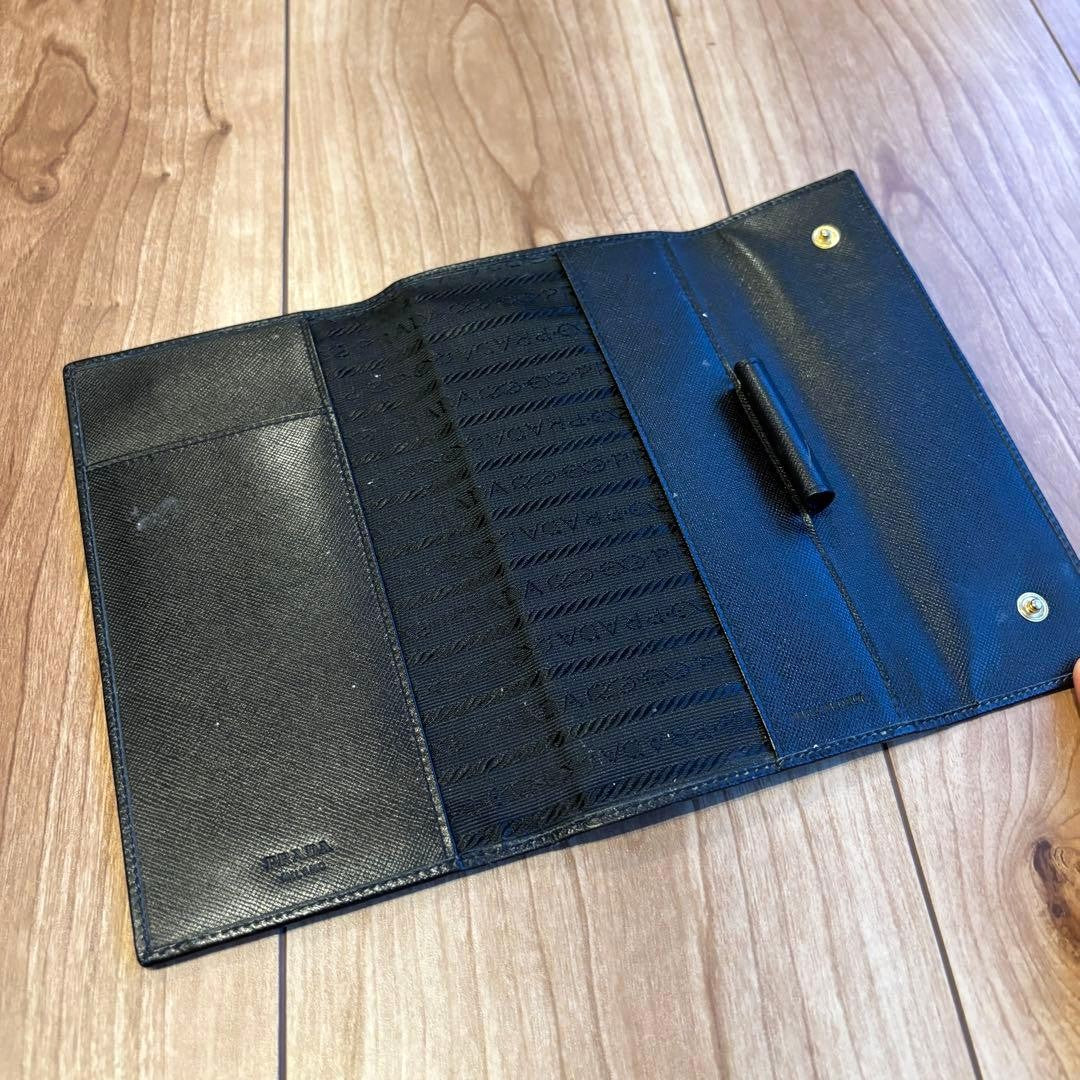 PRADA Saffiano Leather Notebook Cover Planner Case Black Gold HW 10.5x18cm