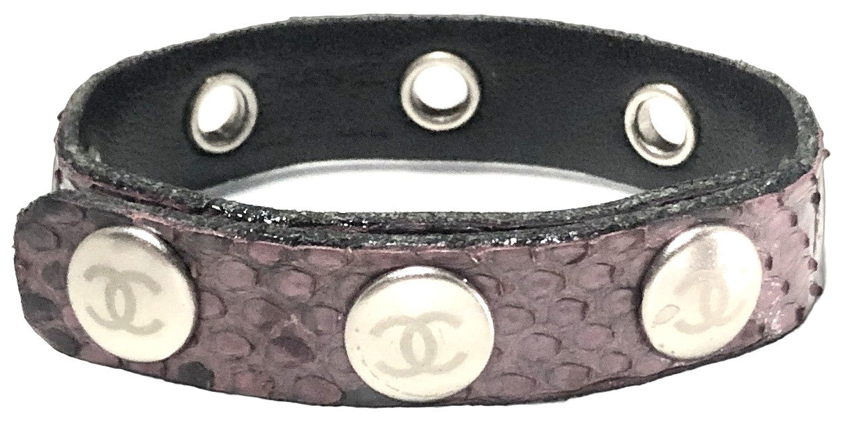 CHANEL CC Logo Bracelet Bangle Purple Exotic Embossed Leather Silver Studs