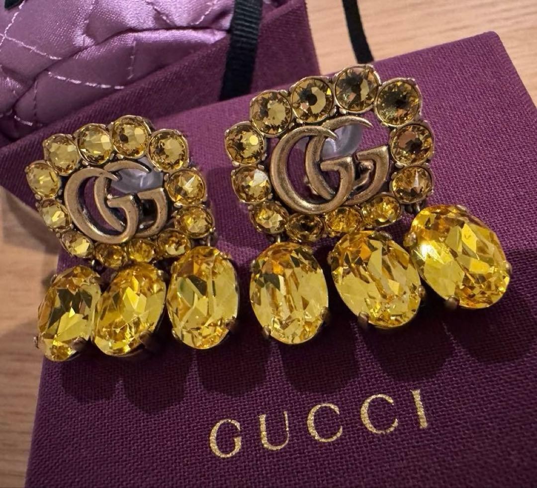 GUCCI Double G Crystal Drop Earrings Yellow Brass Vintage Style Authentic MInt