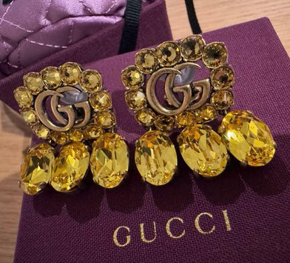 GUCCI Double G Crystal Drop Earrings Yellow Brass Vintage Style Authentic MInt