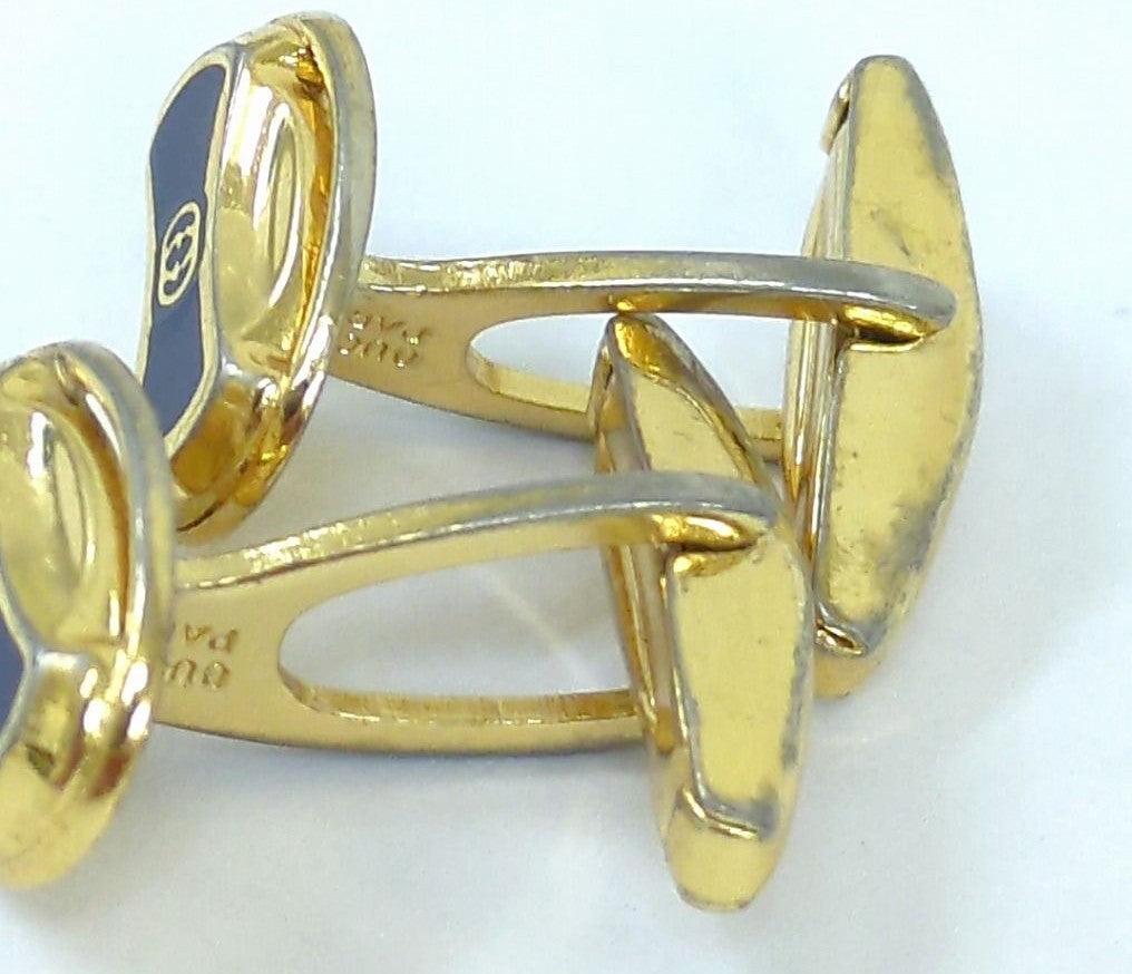 GUCCI Vintage Cufflinks Navy Blue Enamel Gold Tone Interlocking G Mens Italy