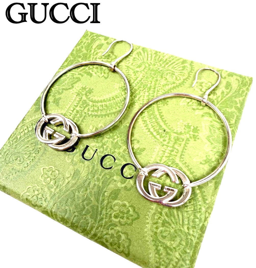 GUCCI Interlocking G Hoop Earrings Silver SV925 5.5cm(2.2") New Unused Japan