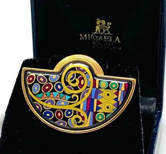 Michaela Frey Wien Enamel Fan Brooch Pin Multicolor Gold Tone Vintage Austria