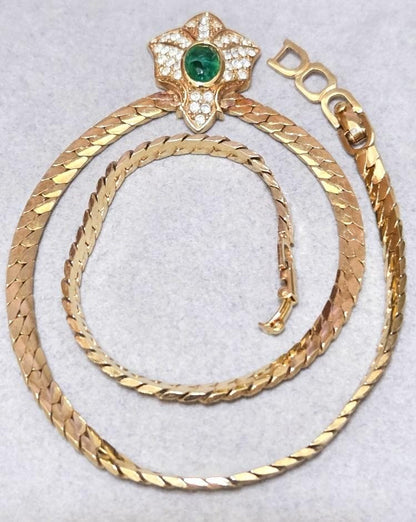 Dior Authentic Rhinestone Green Stone Necklace 41cm 16.1" Chain Gold Tone Great!