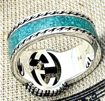 GUCCI Interlocking GG Ring Silver 925 Turquoise Enamel Size US 7 / EU 54 Used