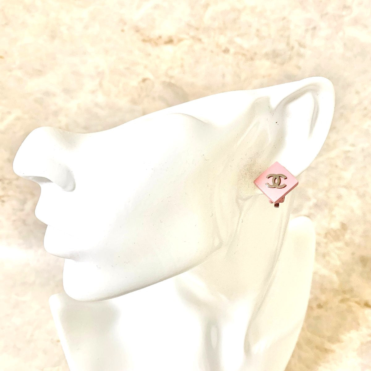CHANEL CC Logo Earrings Pink Diamond Square Resin Silver Clip-On Authentic