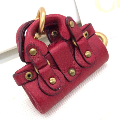 Chloe Paddington Bag Charm Key Ring Red Leather Gold HW Crystal Lock 2.2x2.2in