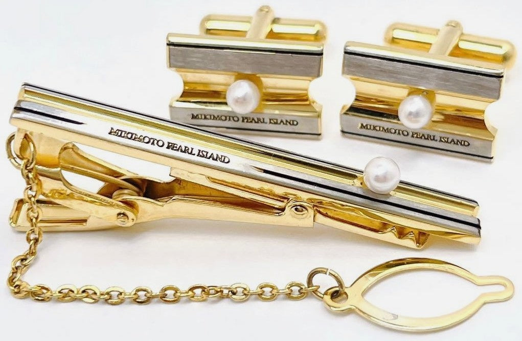 Mikimoto Pearl Island Tie Bar Clip & Cufflinks Set Silver Gold Tone Akoya Japan
