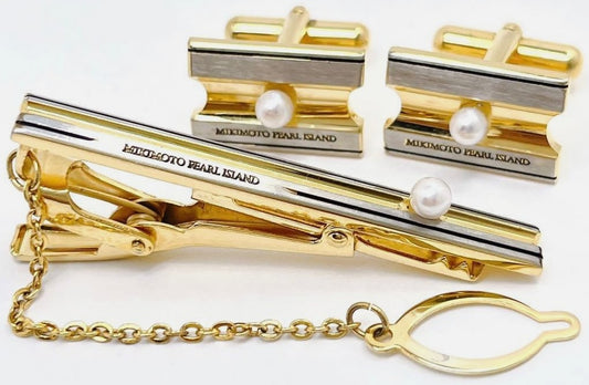 Mikimoto Pearl Island Tie Bar Clip & Cufflinks Set Silver Gold Tone Akoya Japan