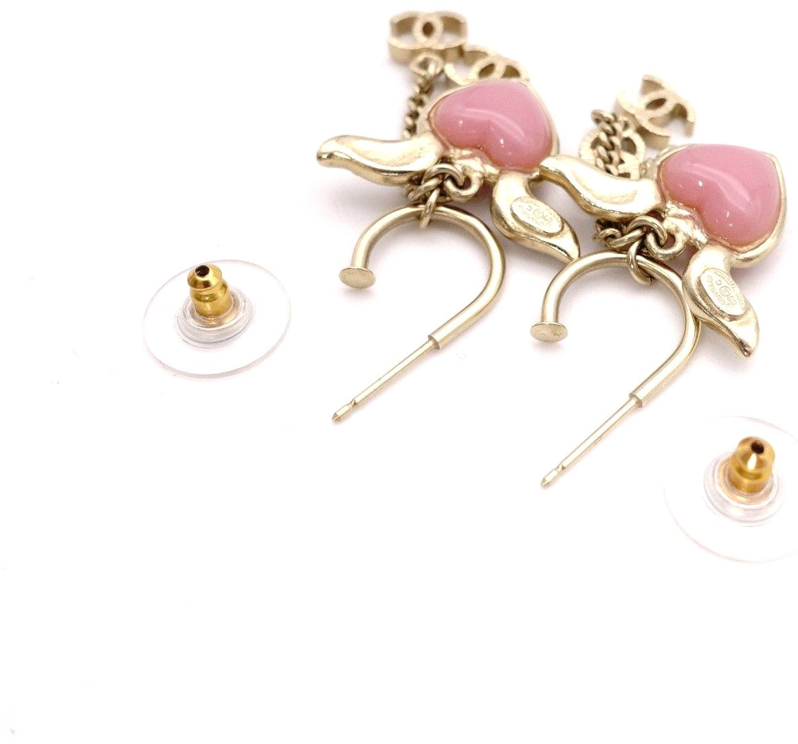 CHANEL CC Logo Heart Wing Hoop Earrings Gold Pink Resin Rhinestone Authentic