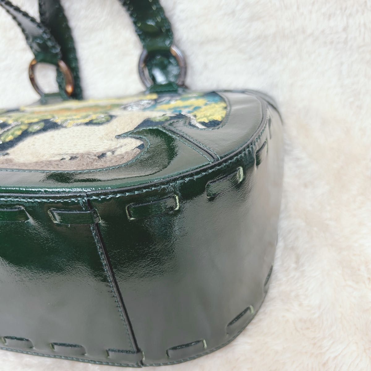 ANNA SUI Embroidered Tote Bag Dark Green Deer Floral Patent Leather Vintage