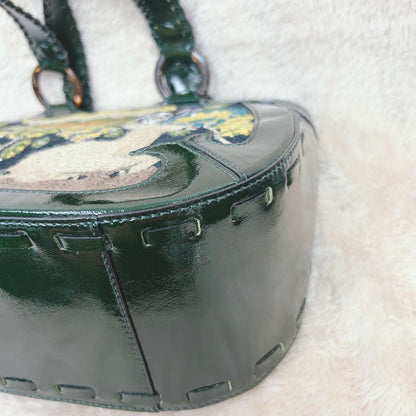 ANNA SUI Embroidered Tote Bag Dark Green Deer Floral Patent Leather Vintage