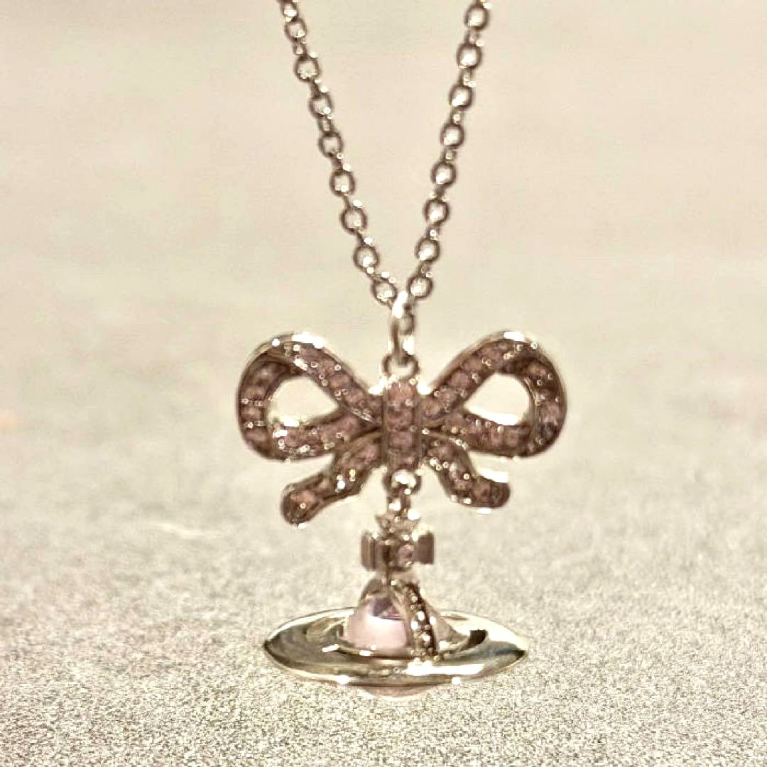 Vivienne Westwood Drop Ribbon Small Orb Necklace Silver Pink Crystal 40-45cm